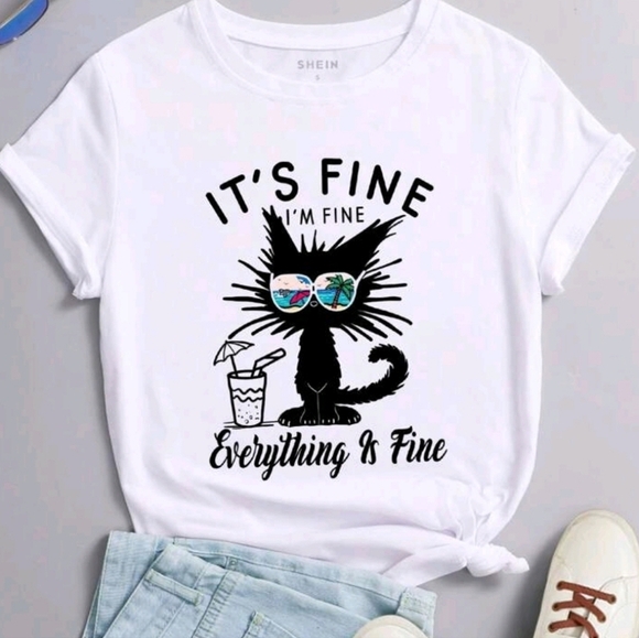 🔹️SHEIN LUNE Cat Slogan Graphic Tee IT'S FINE I'M FINE Everything Is Fine Large - Picture 1 of 4